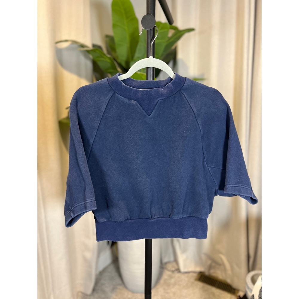 Ray Beams Navy Blue Short Sleeve Cropped Sweatshirt Raglan V-Insert Top
